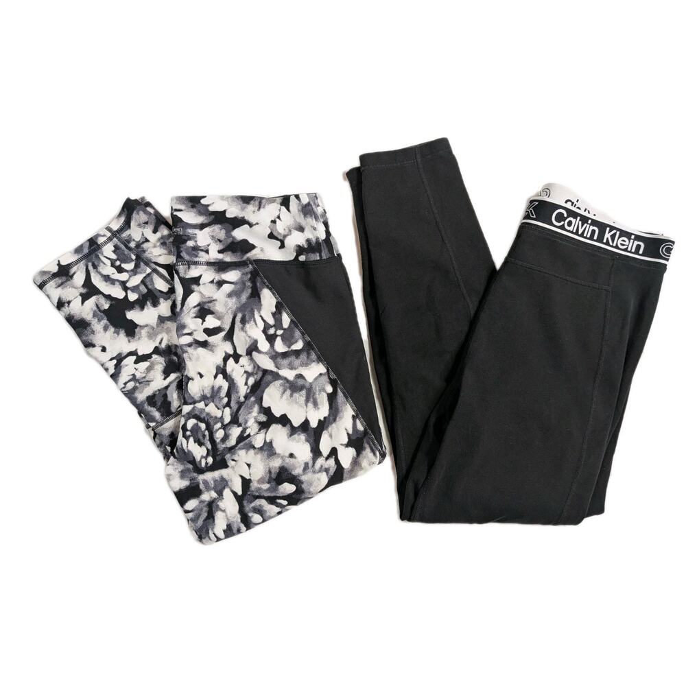 2x Calvin Klein Performance Wick Black Floral Capri Leggings Stretch Size Large
